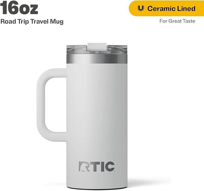 RTIC 16oz Road Trip Travel Mug with Lid and Handle, Ceramic Lined, Insulated, Stainless Steel, Metal, Double Wall Vacuum-Insulation, Portable Coffee, Tea Cup for Hot and Cold Drink, Cool Grey