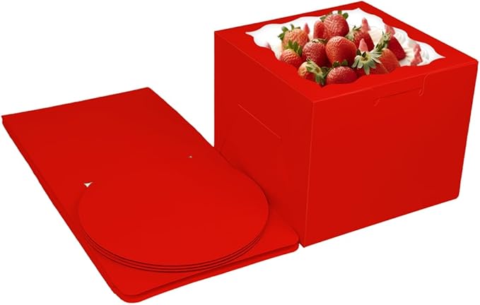 Bakepacker 36pcs 6x6x5 Inches Cake Boxes with Window 18-Packs Red Cake Boxes 6 Inch Bakery Boxes (18 Cake Boxes +18 Cake Boards Included)