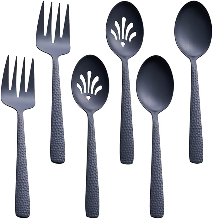 Matte Black Serving Utensil Set, 9.5-inch Stainless Steel Large Serving Spoon and Serving Fork, Satin Finish