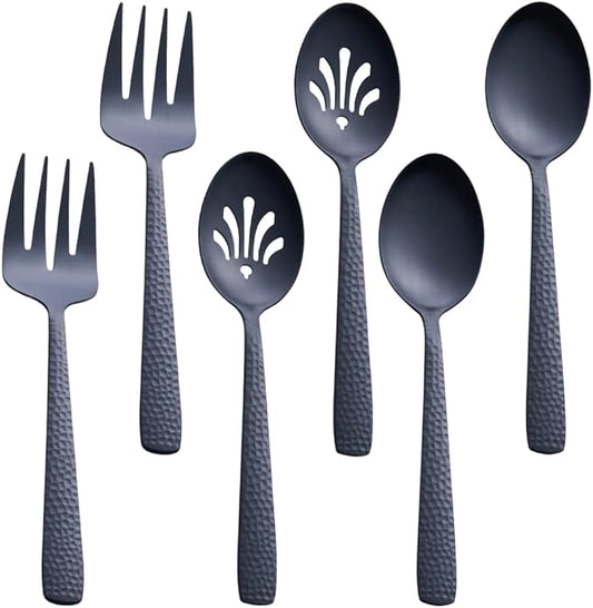 Matte Black Serving Utensil Set, 9.5-inch Stainless Steel Large Serving Spoon and Serving Fork, Satin Finish