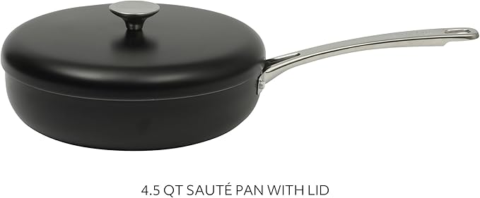 Sur La Table Kitchen Essentials Potluck Porch 4.5 Quart Sauté Pan, Deep Frying Pan Skillet w/Lid Aluminum PFA Free Ceramic Cookware Chef's Pan, Omelet Pan - Induction - Black