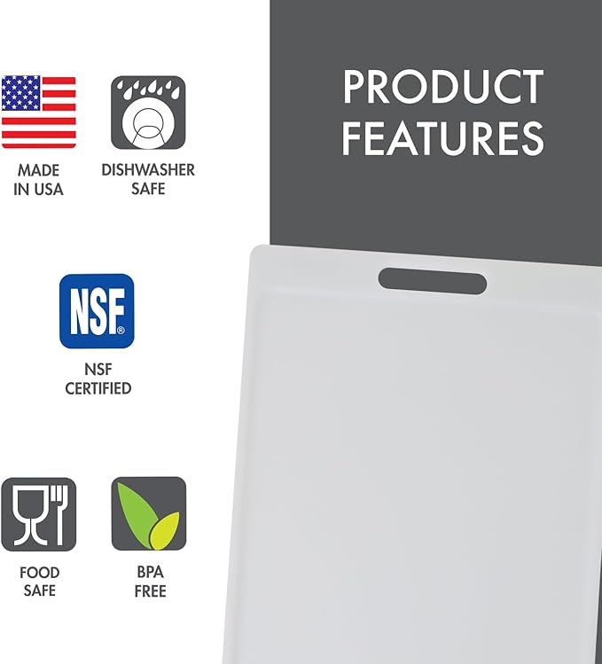 Dexas NSF Certified Polysafe Cutting Board with Handle, 8.5 x 11 Inches, Reversible Kitchen Cutting Board, White