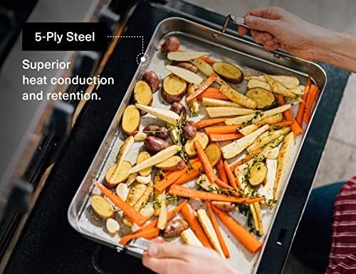Misen Stainless Steel Roasting Pan with Handles - Versatile 5-Ply Design, Easy Grip Handles, Multi-Functional Cooking, Ideal for Baking, Searing, & Roasting, Superior Heat Conduction, Premium - 13"