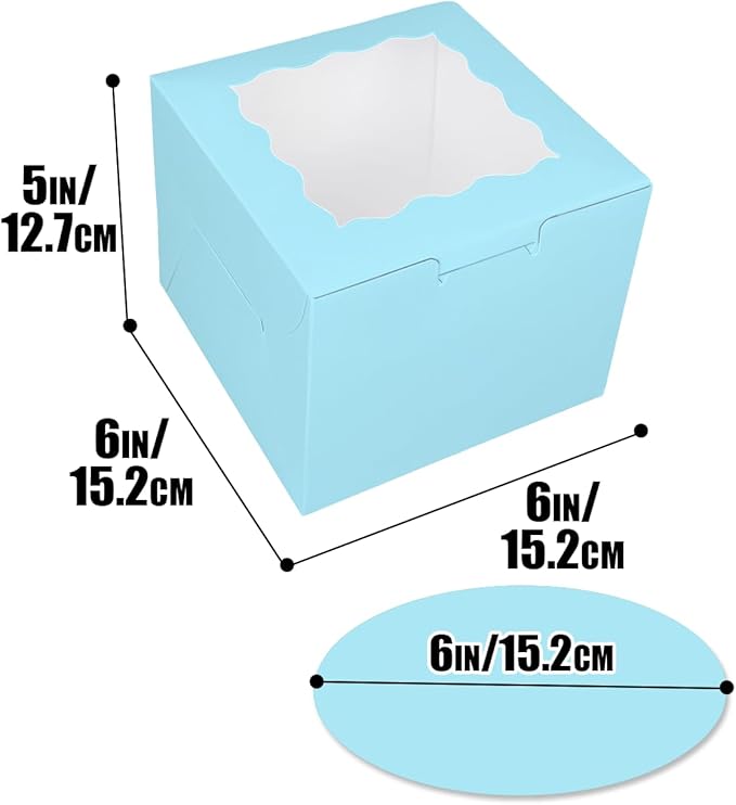 Bakepacker 36pcs 6x6x5 Inches Cake Boxes with Window, 18-Pack Light Blue, 6 Inch Bakery Boxes (18 Cake Boxes + 18 Cake Boards Included)