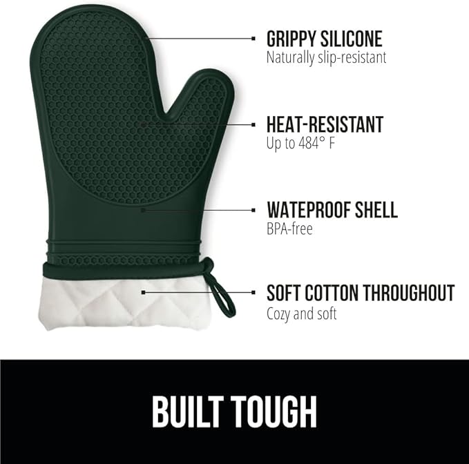 GORILLA GRIP BPA-Free Soft Silicone Oven Mitts, Heat Resistant and Waterproof Cooking Gloves, Thick Cotton Lining, Flexible Gripping for Baking Grilling, Kitchen Potholders Set, 12.5x8.3, Hunter Green