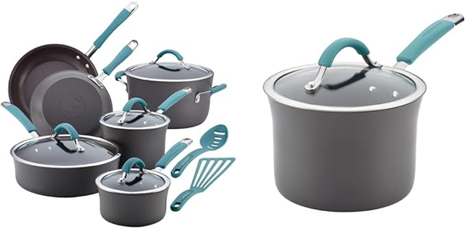 Rachael Ray Cucina Hard Anodized Nonstick Cookware Pots and Pans Set, 12 Piece, Gray with Blue Handles & Cucina Hard Anodized Nonstick Sauce Pan/Saucepan with Lid, 3 Quart, Blue