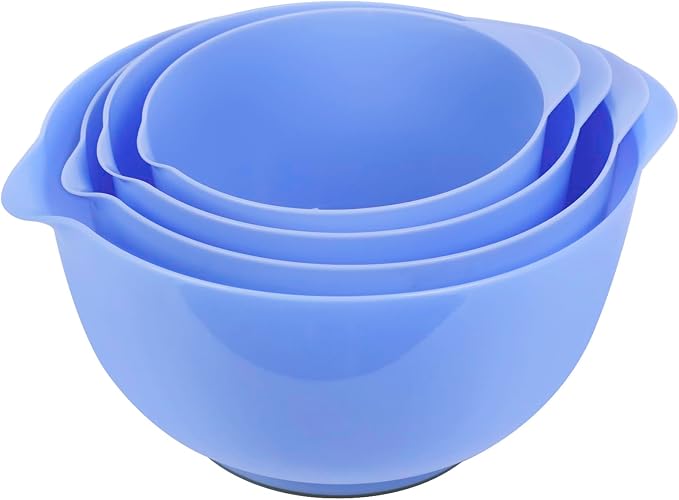 BoxedHome 4 Quart Large Plastic Mixing Bowls, Microwave Safe Mixing Bowl Set with Pour Spout, Nesting Bowls for Space Saving Storage(Violet Blue)
