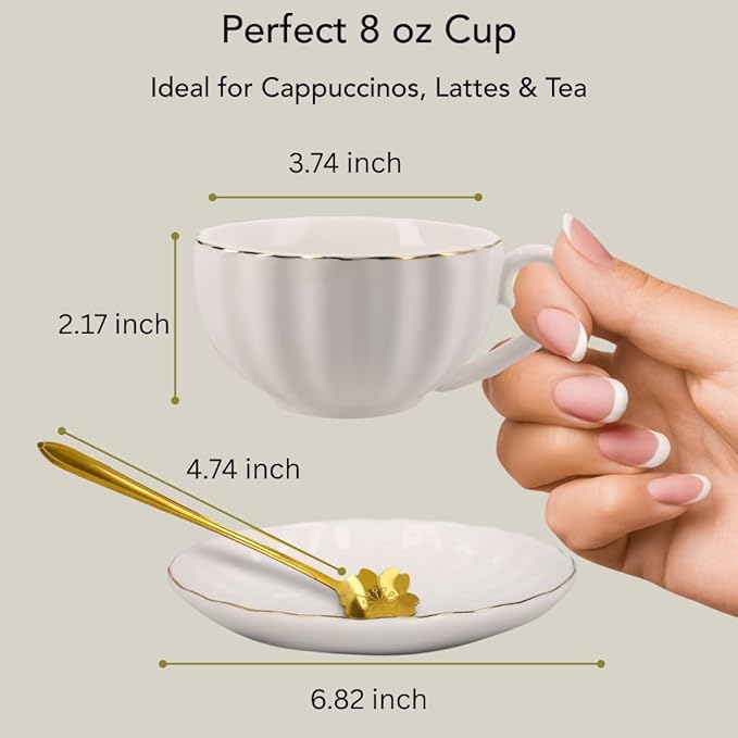 8oz Cappuccino Cups Set of 4 – Porcelain Gold Rimmed White 4 Cappuccino Cup and Saucer Set & Gold Spoons, Latte Cups, Coffee & Tea Mug and Saucer Set