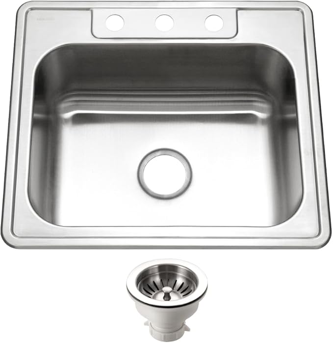 Houzer Glowtone Stainless Steel Kitchen Sink: 25 Inch Drop-in Topmount 3-Hole Single Bowl with Strainer, Durable & Versatile, Essential for Home & Apartment: 2522-8BS3-C