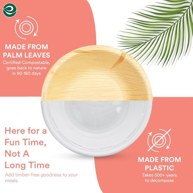 ECO SOUL Palm Leaf Bowl 100 pc, Small 5" (8 Oz) | Round Like Bamboo Bowls, Compostable, Biodegradable, Disposable Palm Leaf Bowls Eco-friendly | Sturdy, Microwave & Oven Safe