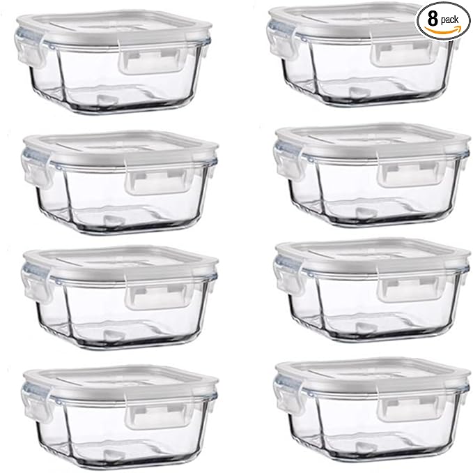 16PC Square Glass Storage Containers With Lids, 2 Cup Square Glass Food Containers With Lids, BPA free Small Meal Prep Bowls for leftovers, Dishwasher, Freezer Safe (8 lids & 8 Containers)