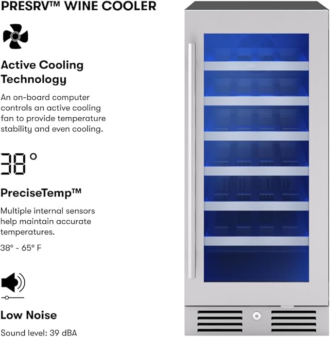 Zephyr Presrv 15 Inch Wine Fridge Single Zone Under Counter - Slim Narrow Wine Cooler Cellars Small Cabinet Wine Refrigerator Home Bar Chiller Freestanding with Glass Door - 27 x 750ml Bottles