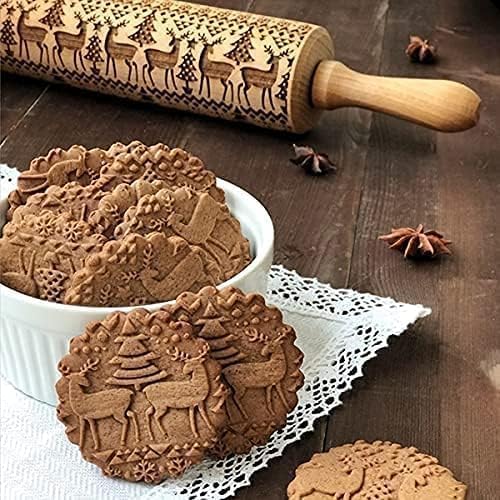 Christmas Wooden Rolling Pin for Baking Engraved Embossing Rolling Pin Cookie Stamps Roller Square Grid Cookies Mold Kitchen Decor Tools for Baking Embossed Cookies (Elk)
