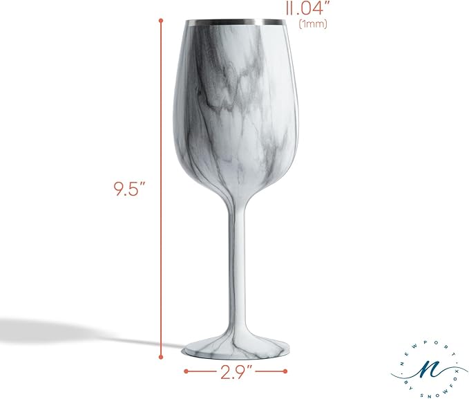 NEWPORT Stemware Collection Premium Vacuum Insulated Stainless Steel Wine Glass, Lightweight Wine Glass, Unbreakable & Drinks Stay Cold, Non-Slip Silicon Base, Cocktail Glasses, 12oz, Marble