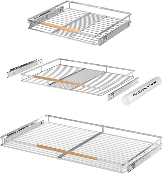 Large Pull Out Cabinet Organizer, Heavy Duty Cabinet Expandable Pull Out Shelves, Slide Out Cabinet Organization Storage, 3 Pack 23.2''-40''W