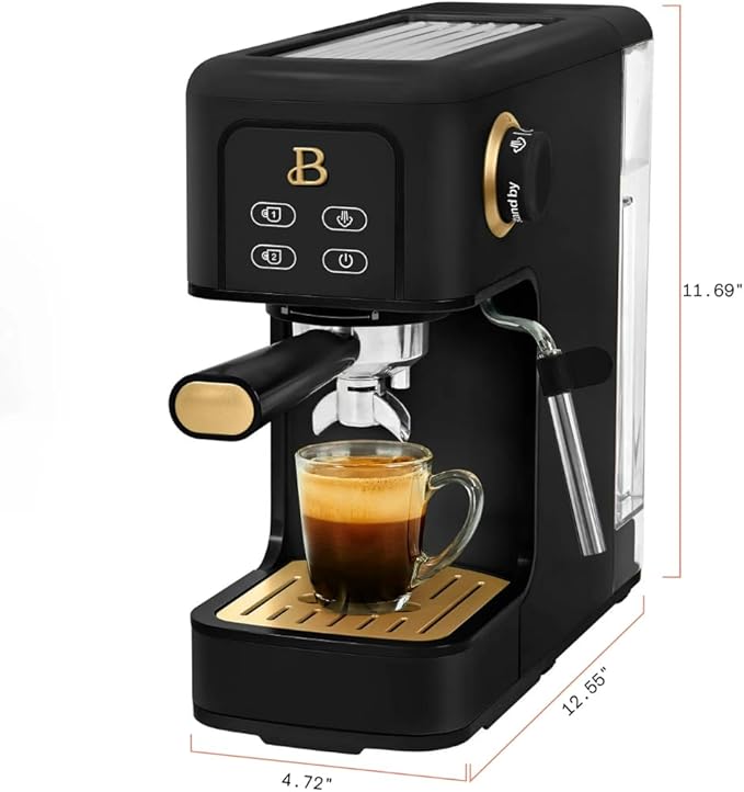 Beautiful Slim Espresso Maker by Drew Barrymore – 20‑Bar Pressure, Dual‑Spout 52 mm Portafilter, 50 oz Removable Tank, 2‑in‑1 Steam Wand & Touch Controls (Black Sesame)