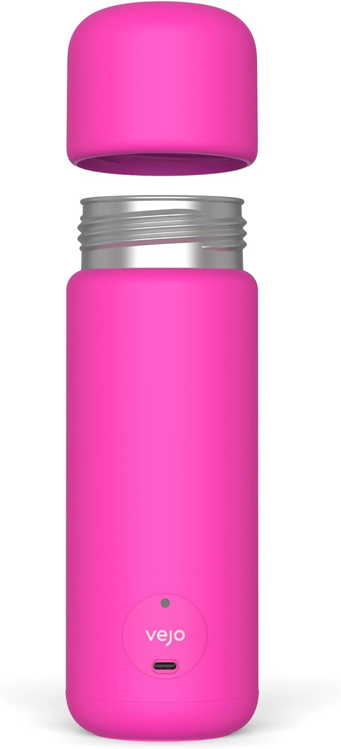 Vejo Portable Travel Blender for Protein Shakes & Powders | 12oz Rechargeable Personal Mixer Bottle | Stainless Steel Interior | Fits Car Cup Holders | Dishwasher Safe | Neon Pink
