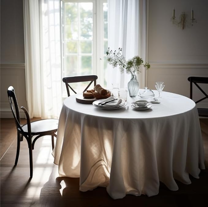 EVERLY 100% Pure Linen Round Tablecloths 108Inch Round Machine Washable Tablecloth for Thanksgiving,Decorative Halloween,Buffet Parties,Picnic,Events,Weddings and Restaurants-White