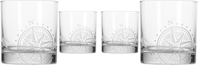 Rolf Glass Compass Star On the Rocks Glass 10 ounce | Set of 4 | Lead-Free Glass | Nautical Themed Glassware | Stylish Drinkware for Home Bar and Parties | Made in the USA