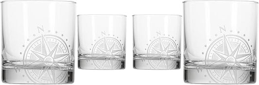 Rolf Glass Compass Star On the Rocks Glass 10 ounce | Set of 4 | Lead-Free Glass | Nautical Themed Glassware | Stylish Drinkware for Home Bar and Parties | Made in the USA
