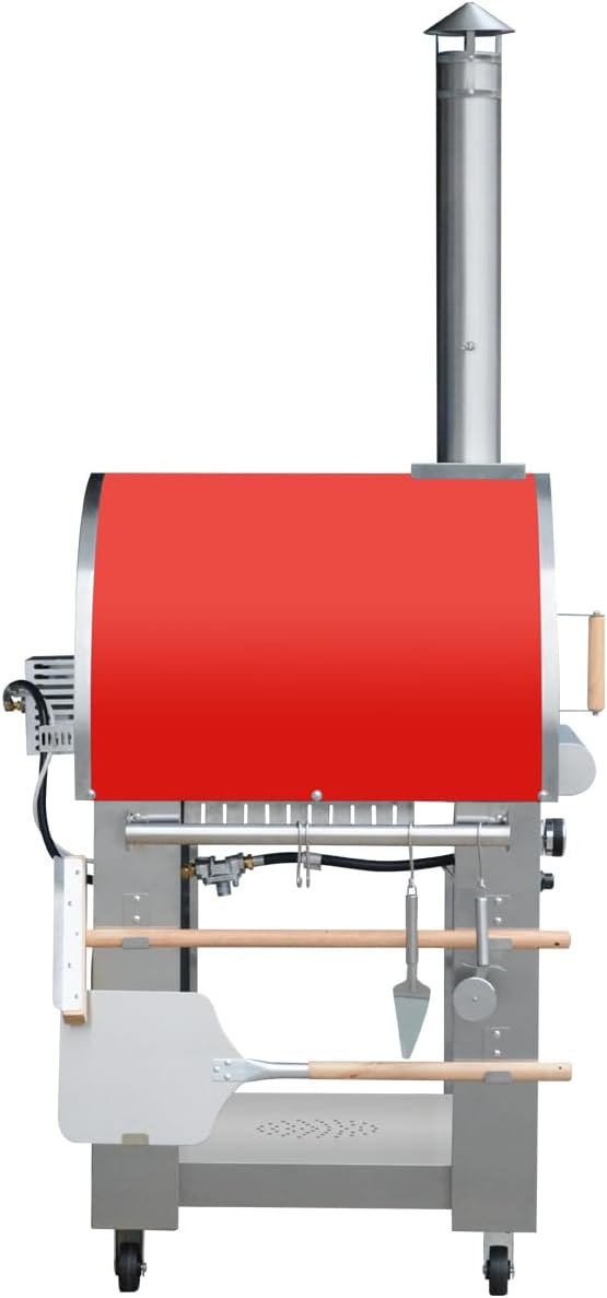32.5" Propane Gas and Wood Fired Pizza Oven with Waterproof Cover, Large Outdoor Oven with Open Shelf and Wheels for BBQ, Grilling, Stainless Steel Pizza Oven for Outdoor, Backyard and Party (Red)