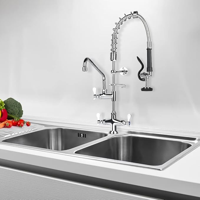 27 inch Height Deck Mount Commercial Faucet with Pre Rinse Sprayer, Single Hole Commercial Restaurant Kitchen Sink Faucet with 12” Swing Spout for Commercial Kitchens Restaurant Hotel