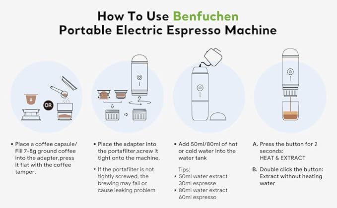 BENFUCHEN Portable Electric Espresso Machine, Travel Coffee Maker for Camping, On the Go Car Coffee Maker Self-Heating with USB-C, With Ground Coffee & N Espresso Capsule for RV/Hiking/Office, White