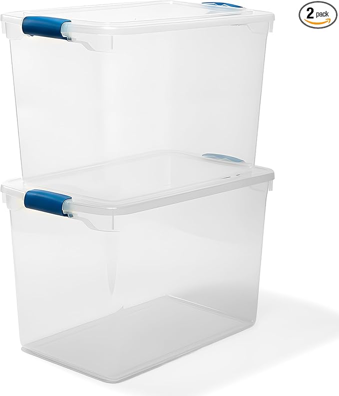 HOMZ 2-Pack Latching Lid, Clear Plastic Storage Organizer Bins, 112 Quart, Blue Latch - Stackable Organizing Containers for Home, Garage, and Office