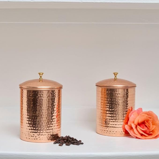 Kitchen Storage, Container for Sugar, Flour, Coffee & Tea, Food Storage Canisters, Countertop Storage, Container with Lid, Copper Kitchen Accessories, Pure Copper Canisters, Small (Set of 2)