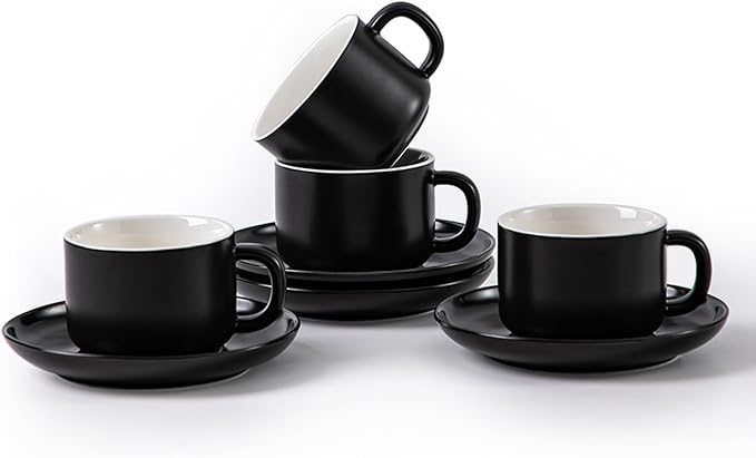 Black Tea Cups and Saucers Set of 4 Porcelain Tea Cups 6.76oz for Tea, Espresso, Latte - Porcelain Mugs for Kitchen or Cafe (black)
