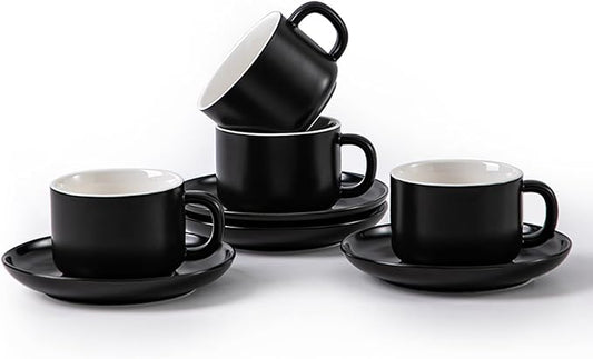 Black Tea Cups and Saucers Set of 4 Porcelain Tea Cups 6.76oz for Tea, Espresso, Latte - Porcelain Mugs for Kitchen or Cafe (black)