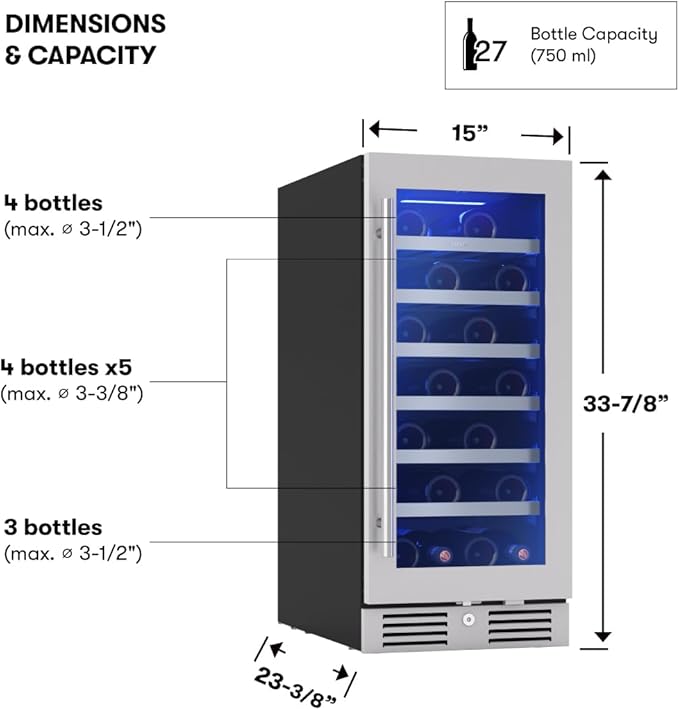Zephyr Presrv 15 Inch Wine Fridge Single Zone Under Counter - Slim Narrow Wine Cooler Cellars Small Cabinet Wine Refrigerator Home Bar Chiller Freestanding with Glass Door - 27 x 750ml Bottles