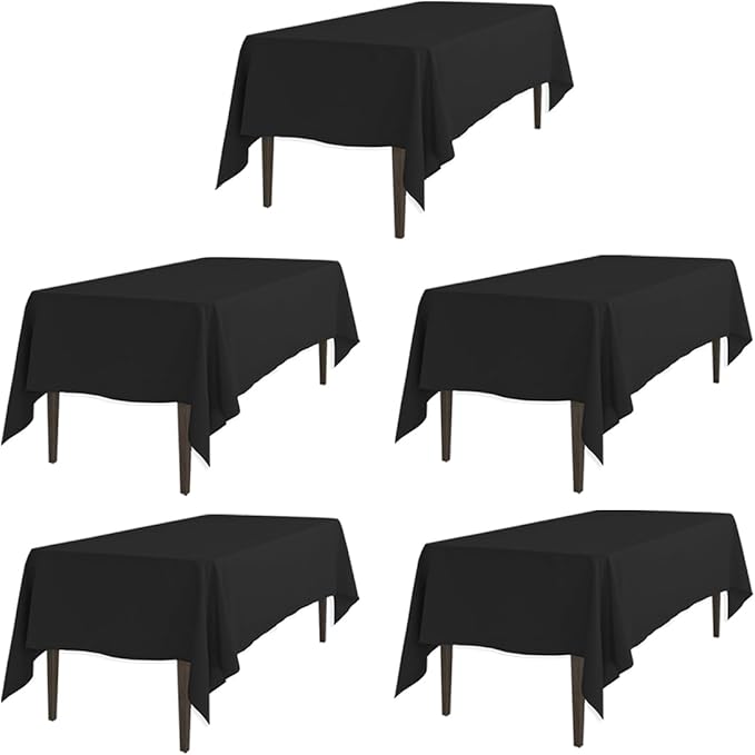 LTC LINENS 5 Pack Black Rectangular Tablecloths 70 x 120 Inches for 6 or 8 Feet Rectangle Banquet Tables with Half-Drop - Stain and Wrinkle Resistant Polyester Cloth Table Covers for Party, Wedding