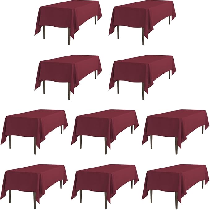 LTC LINENS 10 Pack Rectangular Tablecloths Burgundy 70 x 120 Inch for 6 or 8 ft Rectangle Banquet Tables with Half-Drop-Stain and Wrinkle Resistant Polyester Cloth Table Covers for Wedding, Party