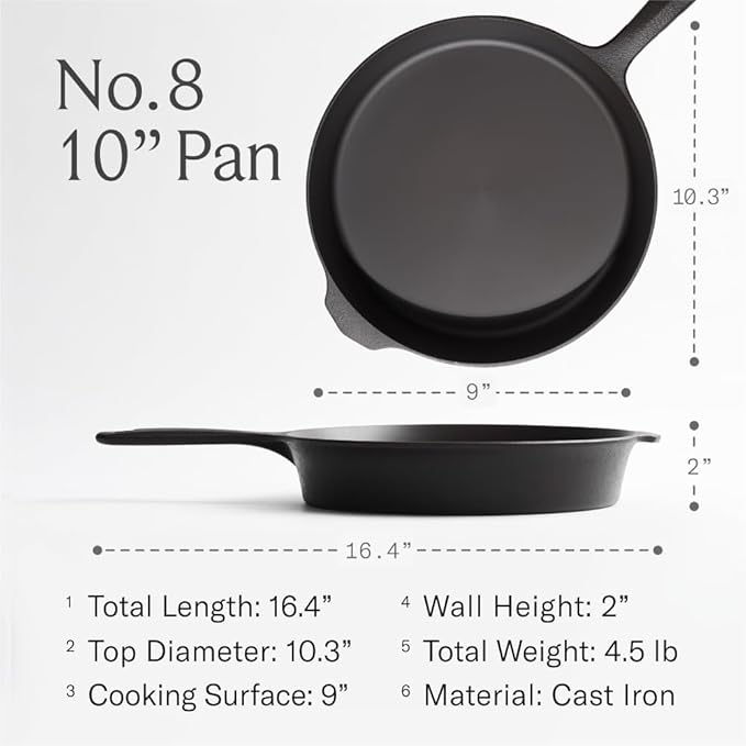Field Company 10.25 Inch Cast Iron Skillet (Medium) – No.8, Perfect for 2-4 Servings, Lightweight & Smooth, Preseasoned with Organic Oil – Made in USA, Vintage Design