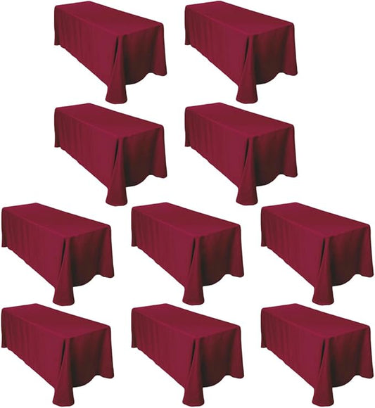 LTC LINENS 10-Pack Rectangular Tablecloths 90 in x 132 in with Rounded Corners - Burgundy Table Cloths for 6 ft Rectangle Tables Floor Length - Polyester Fabric Cloth Table Covers for Wedding, Party