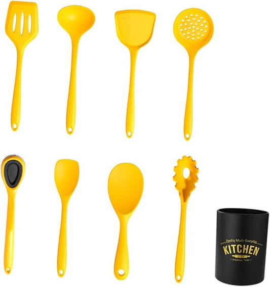 Silicone Kitchenware Non-stick Cooking Utensils with Storage Bucket Heat Resistant Kitchen Tools for Frying Braising Stirring Dishwasher Safe Cooking Supply