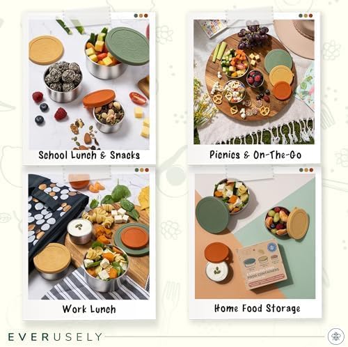 Everusely - Stainless Steel Food Containers - 3 Pack, Muted - Lunch Box - Snack Containers for Office, Home Food Storage - Leakproof with Silicone Lids - Dishwasher & Freezer Safe