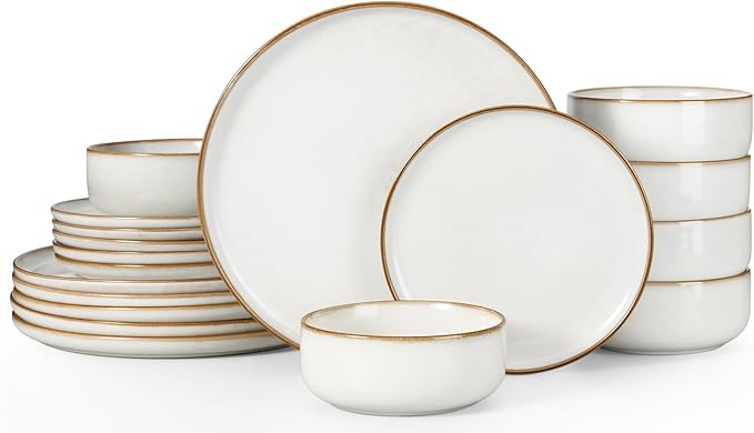 Herogo 18 Pieces Stoneware Dinnerware Dishes Set for 6, Kitchen Handmade Dining Plates and Bowls Sets, Double Reactive Glaze, Microwave & Dishwasher Safe, Scratch Resistant, Ivory White