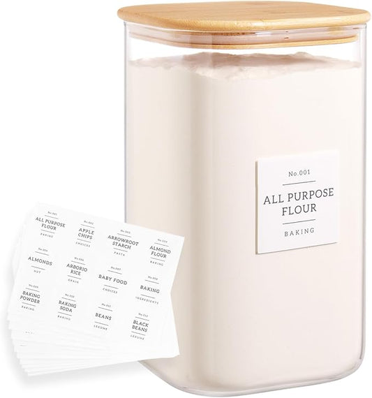 Large glass flour and sugar containers with 132 Kitchen Pantry Labels - 1 Gallon Glass Food Storage Containers with Airtight Lids - Square Glass Jars Rice with Bamboo Lids