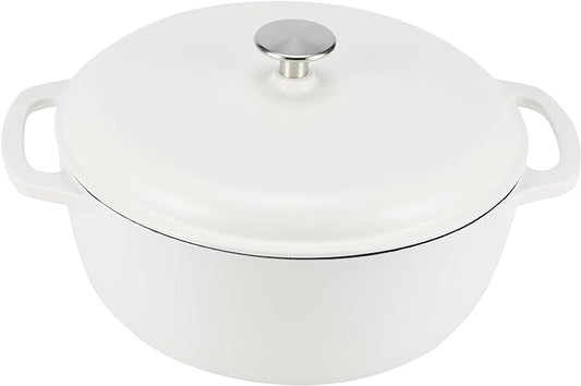Amazon Basics Cast Iron Dutch Oven Pot with Lid, Enameled, Round, Dual Handles, Heavy-Duty, Medium, 6-Quart, Matte White