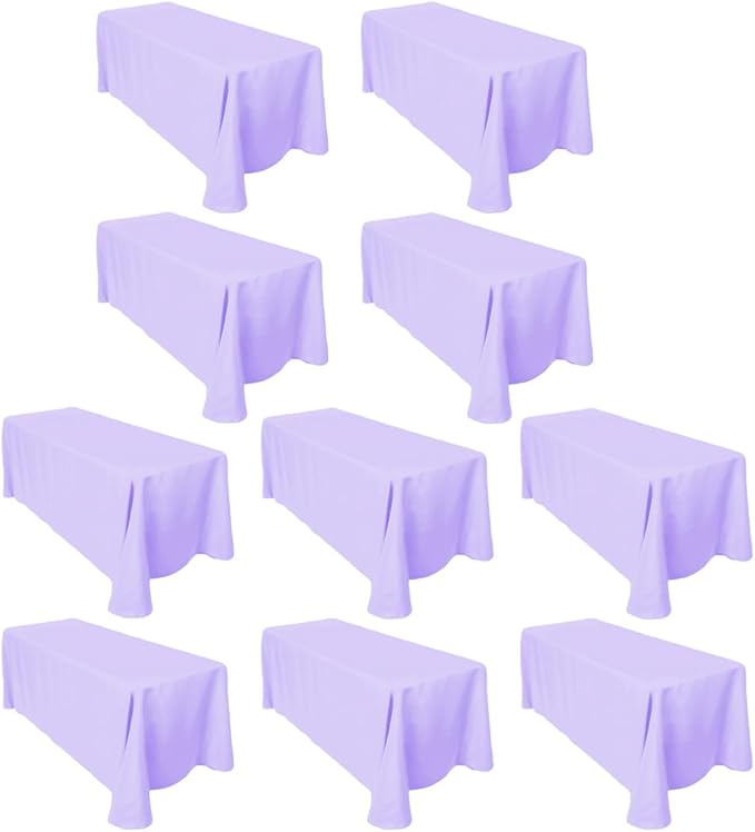LTC LINENS Bulk 10-Pack Rectangular Tablecloths 90 In x 156 In with Rounded Corners - Lavender Table Covers for 8 ft Table with Floor-Length Drop - Wrinkle Resistant Polyester Fabric Cloth for Wedding