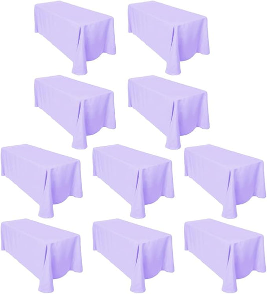 LTC LINENS Bulk 10-Pack Rectangular Tablecloths 90 In x 156 In with Rounded Corners - Lavender Table Covers for 8 ft Table with Floor-Length Drop - Wrinkle Resistant Polyester Fabric Cloth for Wedding