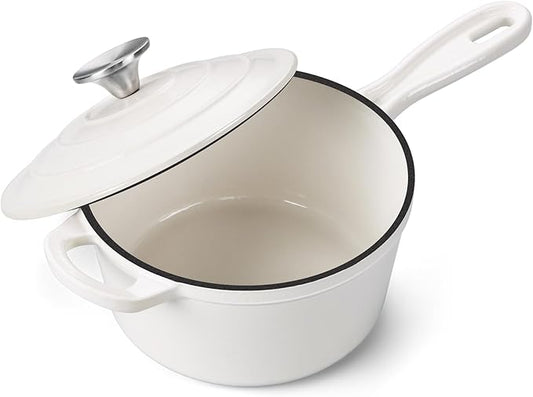 Onader 2 Quart Saucepan Dutch Oven, Enameled Cast Iron Sauce Pan Pot with Lid, Small Cooking Kitchen Pot, Nonstick & Oven Safe – White