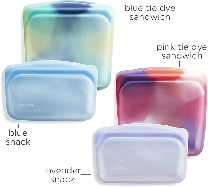 Stasher Premium Silicone Reusable Food Storage Bags, 4-Pack, Tie Dye Multi, Multi-Use Food Storage Bags, Lunch Bag, Travel Containers, BPA Free, Leak-free, Dishwasher-Safe, Eco-friendly