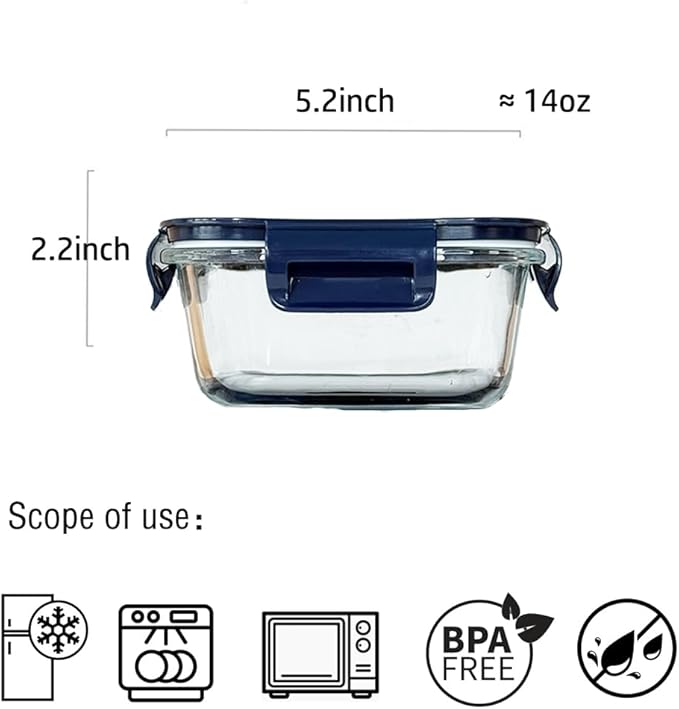 Small Square Glass Food Storage Containers With Lids，2 Cup Square Glass Containers, 16 oz Small Food Containers, Leak-proof lunch Bowls, Dishwasher Microwave Freezer Safe -(Dark Blue)