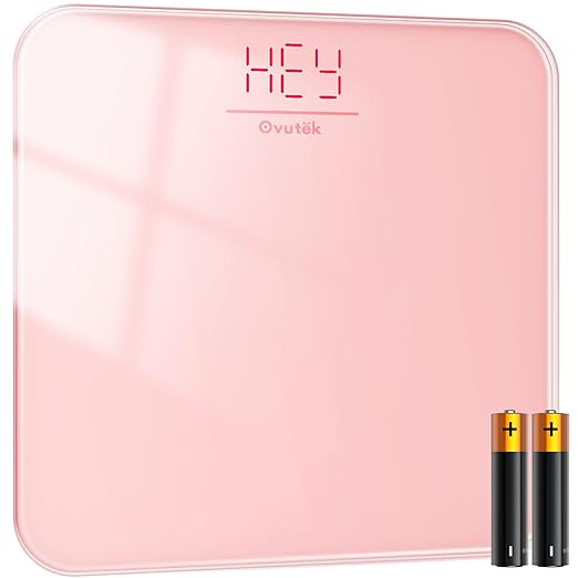 Ovutek Bathroom Scale for Body Weight, Highly Accurate Digital Weighing Machine for People, Upgraded Batteries Included, Compact Size, LED Display, High Standards Sturdy Tempered Glass, 400lb, Pink