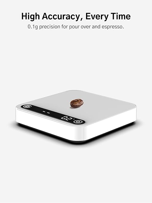 Coffee Scale with Timer and Flow Rate Tracking, 0.1g Precision, 2kg Capacity, Rechargeable, Smart App Compatible, Ideal for Espresso and Pour Over Brewing