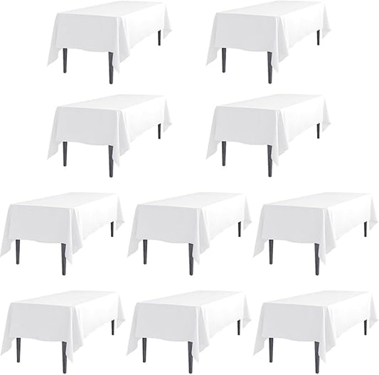 LTC LINENS 10 Pack White Rectangular Tablecloths 70 x 120 Inch for 6 or 8 Feet Rectangle Banquet Tables with Half-Drop - Stain and Wrinkle Resistant Polyester Cloth Table Covers for Party, Wedding
