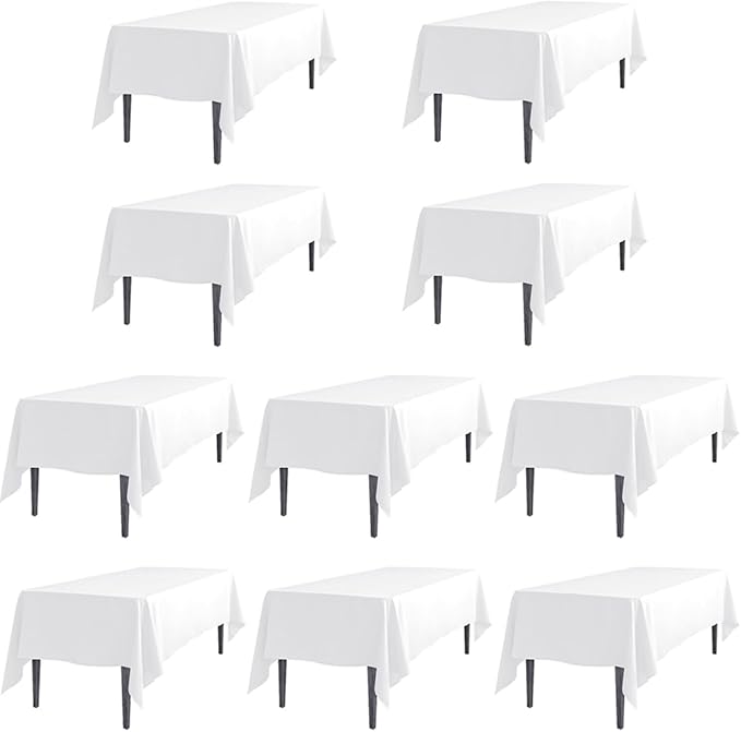 LTC LINENS 10 Pack White Rectangular Tablecloths 60 x 126 Inch for 8 Feet Rectangle Banquet Tables with Half-Drop - Stain and Wrinkle Resistant Polyester Fabric Cloth Table Covers for Party, Wedding